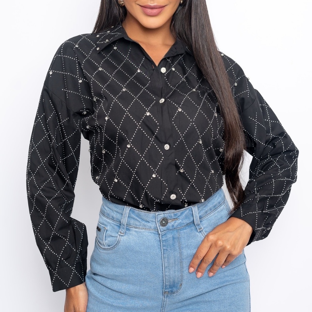 Camisa Social Feminina Xadrez Losango Moda Blogueira Manga Longa com Strass