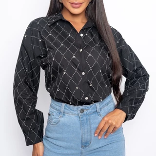 Camisa Social Feminina Xadrez Losango Moda Blogueira Manga Longa com Strass