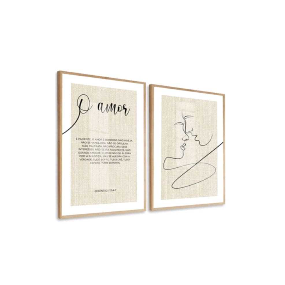Kit 2 Quadros Casal Frases Minimalista Neutro Moldura e Vidro Quarto