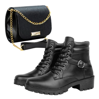 Bota Coturno Feminina Salto Baixo Preta com Bolsa Transversal