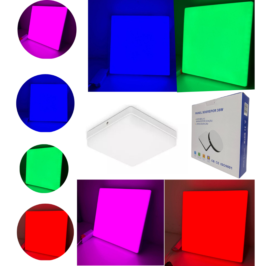 Plafon Led Borda Infinita 38W Sobrepor Quadrado Bivolt Colorido Para Decoração Azul/Verde/ Vermelho ou Rosa 22CM