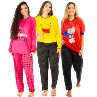 KIT 3 Pijamas Longo De Frio Inverno Feminino Adulto