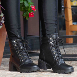 Coturno Feminino Cano Baixo Bota Salto Tratorado Médio Comfort