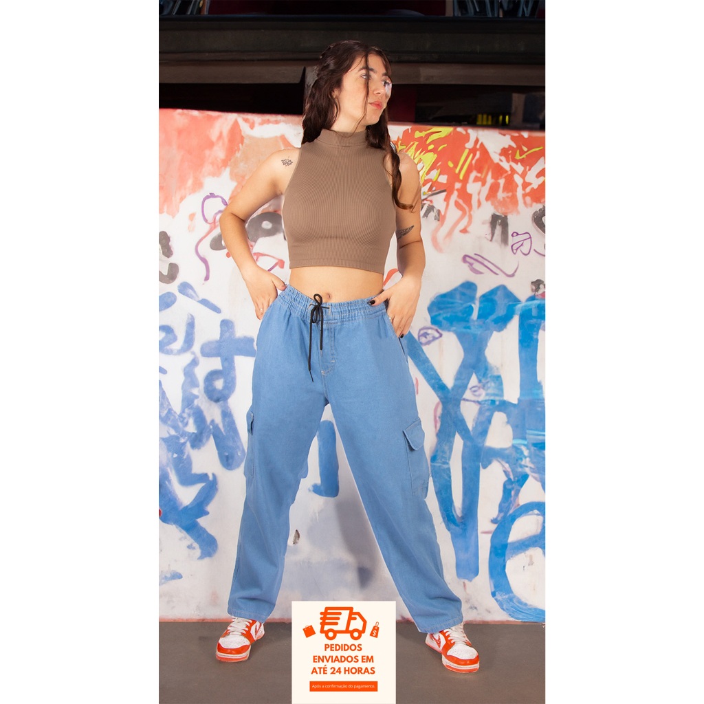 Calça Jeans Cargo Balão Larga com e sem Bolso Lateral Feminino ...