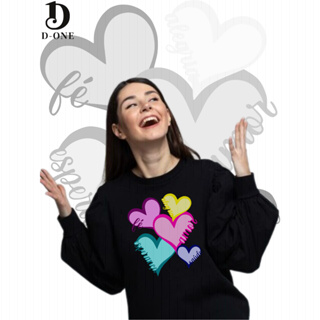 Blusa Moletom Estampada Corações Fé Alegria Amor Esperança Saúde Blusa Sem Capuz Careca Feminina Masculina