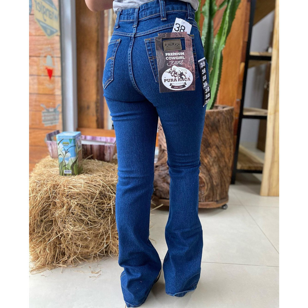 Calça Country Feminina Jeans Escuro Casual Com Lycra Rodeio Barra Larga