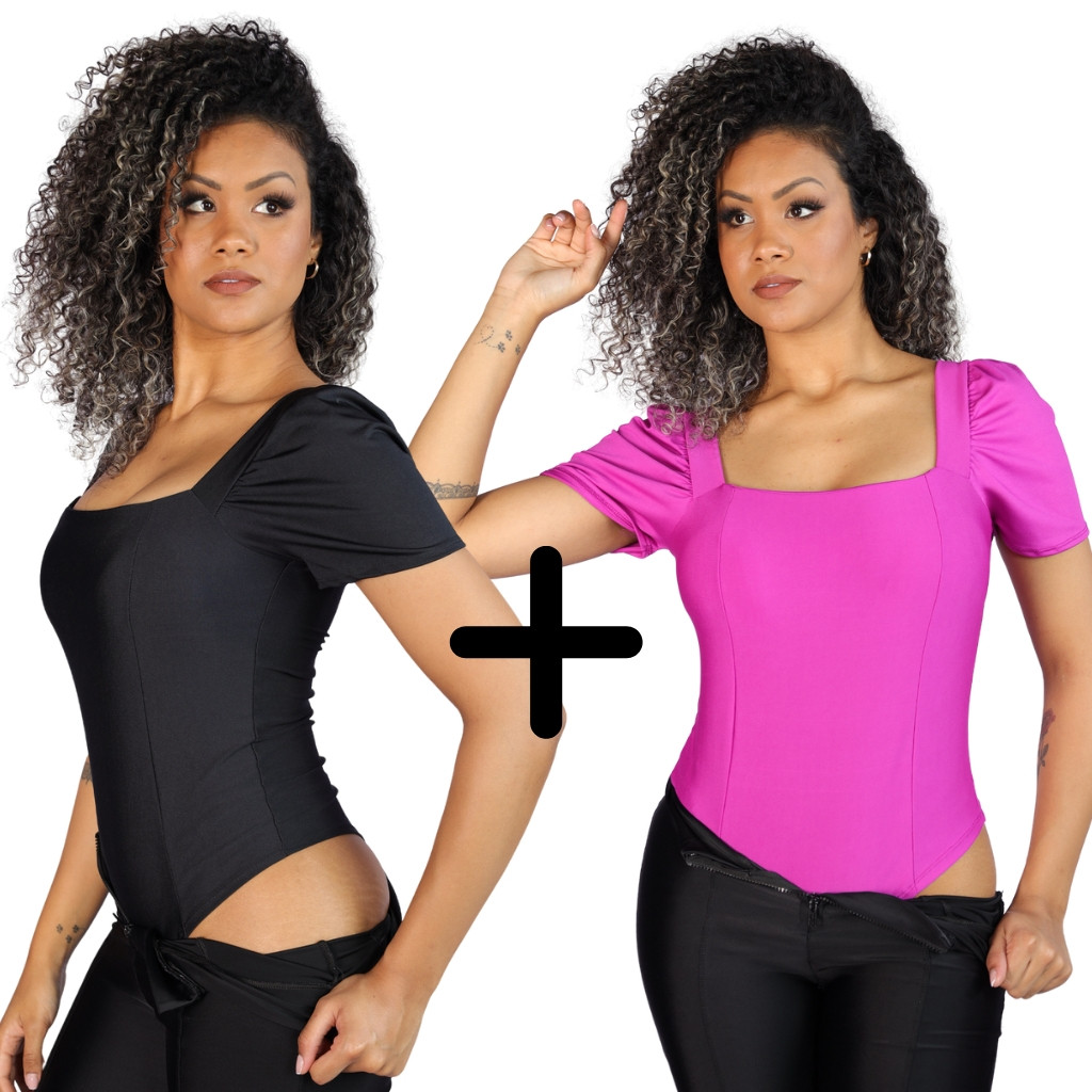 Kit Com 2 Body Feminino Manga Bufante Poliester Moda Plus Size