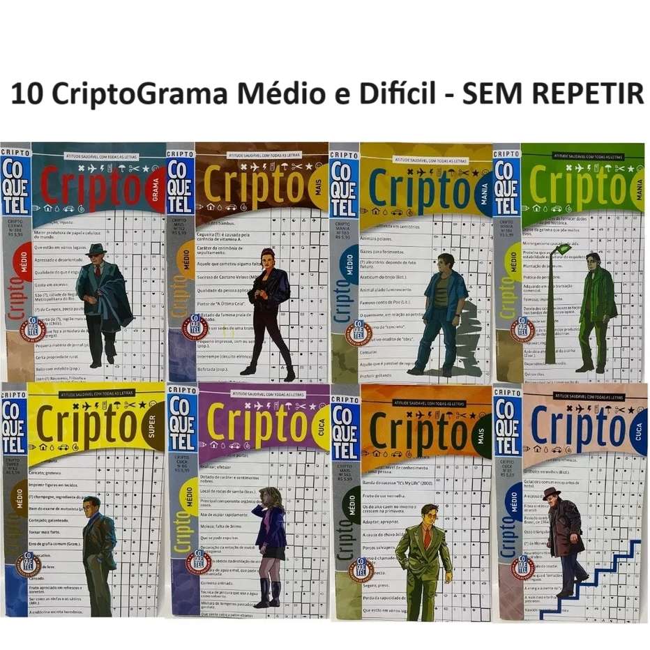 Kit 10 Livros Criptograma Coquetel - Diferentes - Nível Médio e Dificil (44 Páginas Cada)
