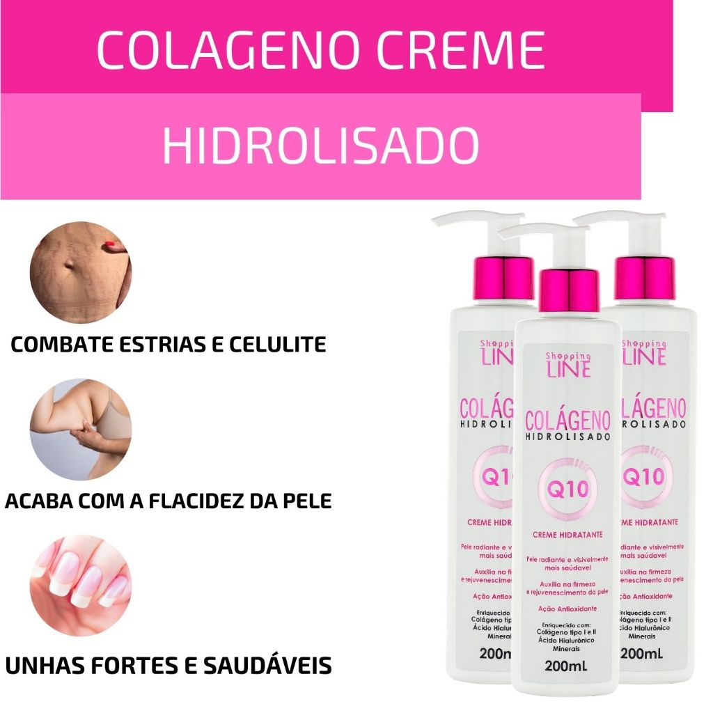 Kit 3 Creme Feminino Colágeno Hidrolisado Q10 para Flacidez Estrias ...