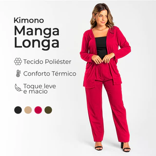 Kimono Cardigan Feminino Manga Longa com Abertura Lateral - Tecido Poliéster com Viscose - Terceira Peça - Elegante e Versátil - Ideal para Todas as Estações - Moda Casual e Formal - Conforto e Sofisticação - Estilo Moderno, Moda Blogueirinha