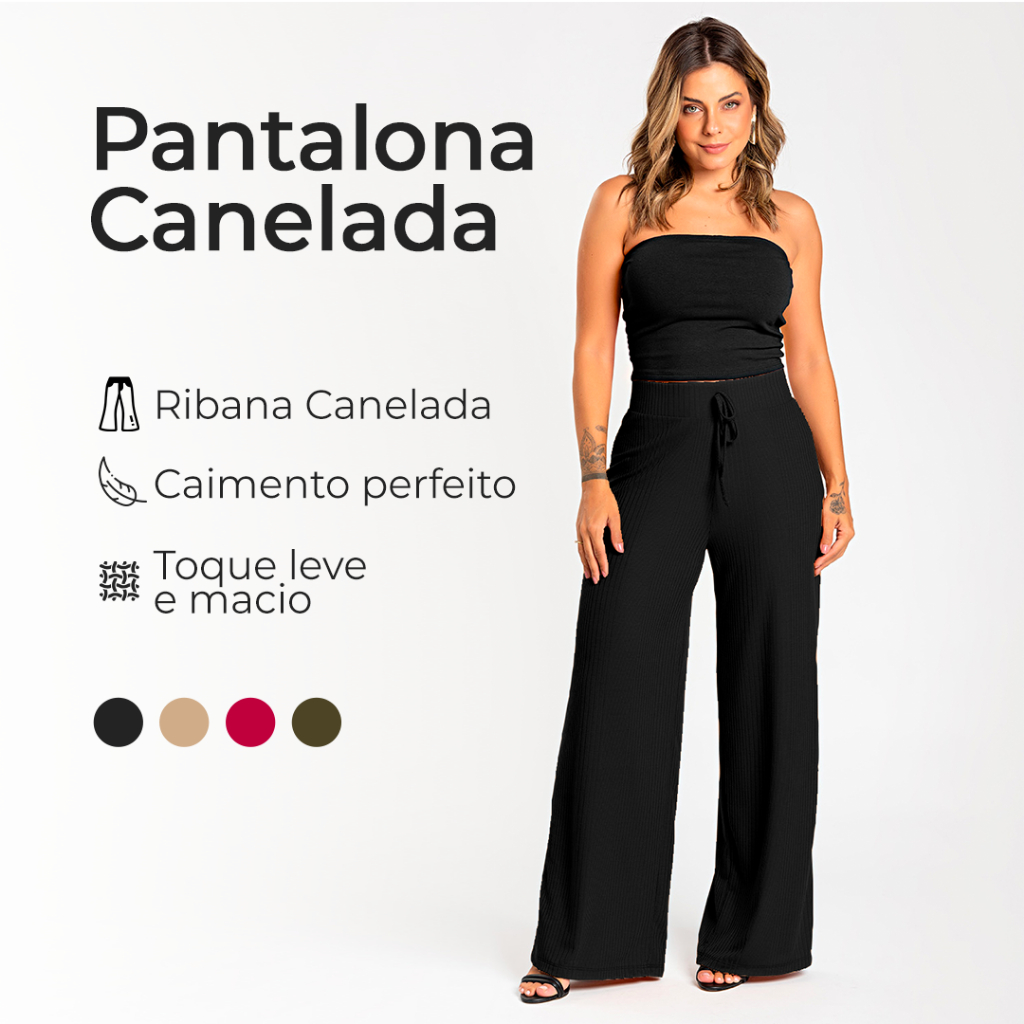 Calça Pantalona Canelada Feminina Wide Leg Caimento Perfeito - Tecido Ribana Canelada - Toque Leve e Macio