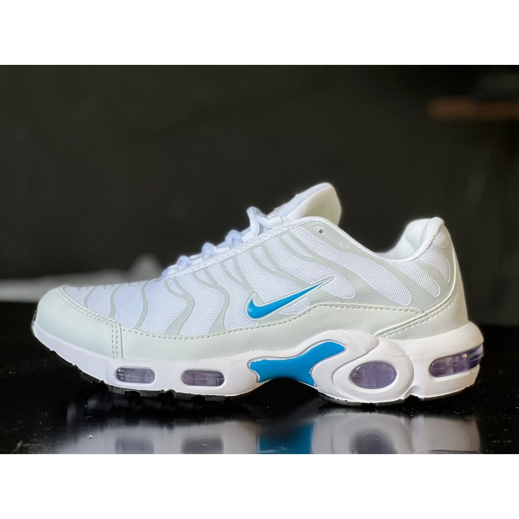 Tênis TN Plus Branco e Azul Lançamento Masculino Caminhada Promoção