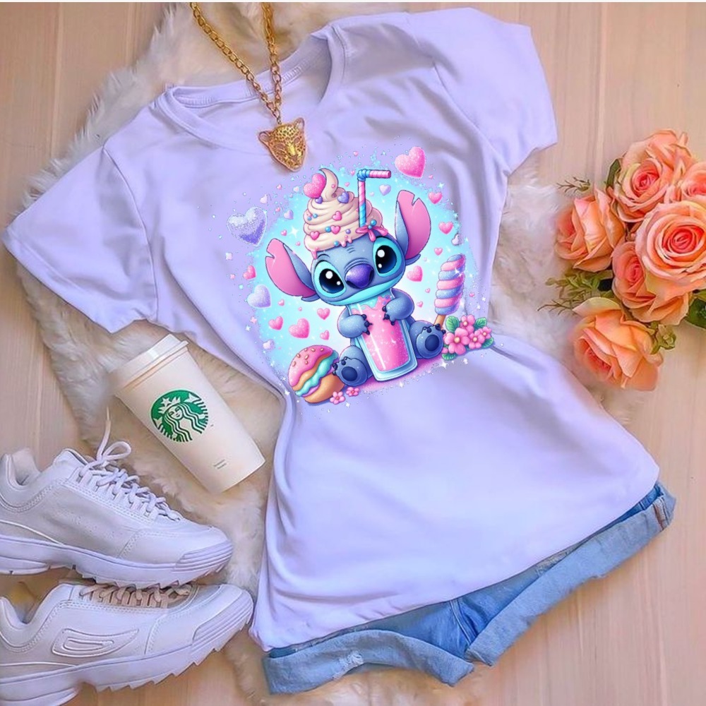 Blusa feminina manga curta personagem stith adulta do P ao GG