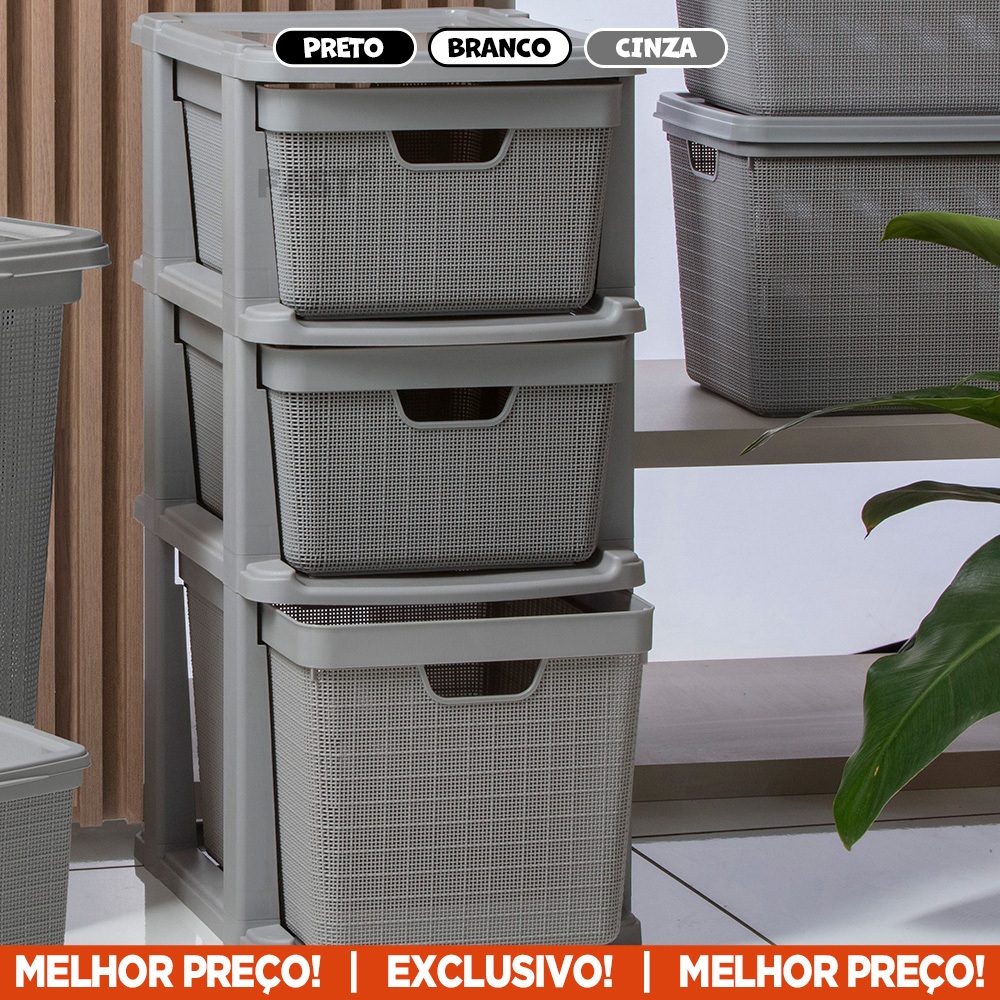 Gaveteiro Escrivaninha Grande 3 Gavetas 15L ou 22L Modelo Juta Moderno Resistente Tramado Rattan Multiuso Doméstico Casa Cozinha Organiza Armário Escritório Porta Documentos Cobertas Lavabo Utilidades Organizador de Roupa - ENVIO IMEADIATO