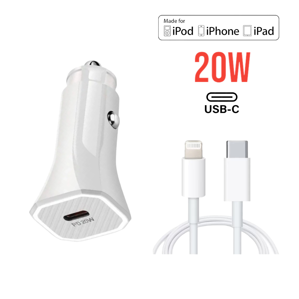 Carregador Veicular Carro 20W Carga Rápida para iPhone com Cabo Lightning USB-C