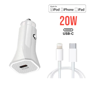 Carregador Veicular Carro 20W Carga Rápida para iPhone com Cabo Lightning USB-C