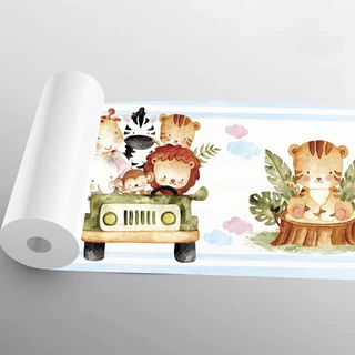 Papel de Parede Faixa Safari Azul Para Quarto Infantil Rolo 1,10 Metros Lavável, Pro Decor