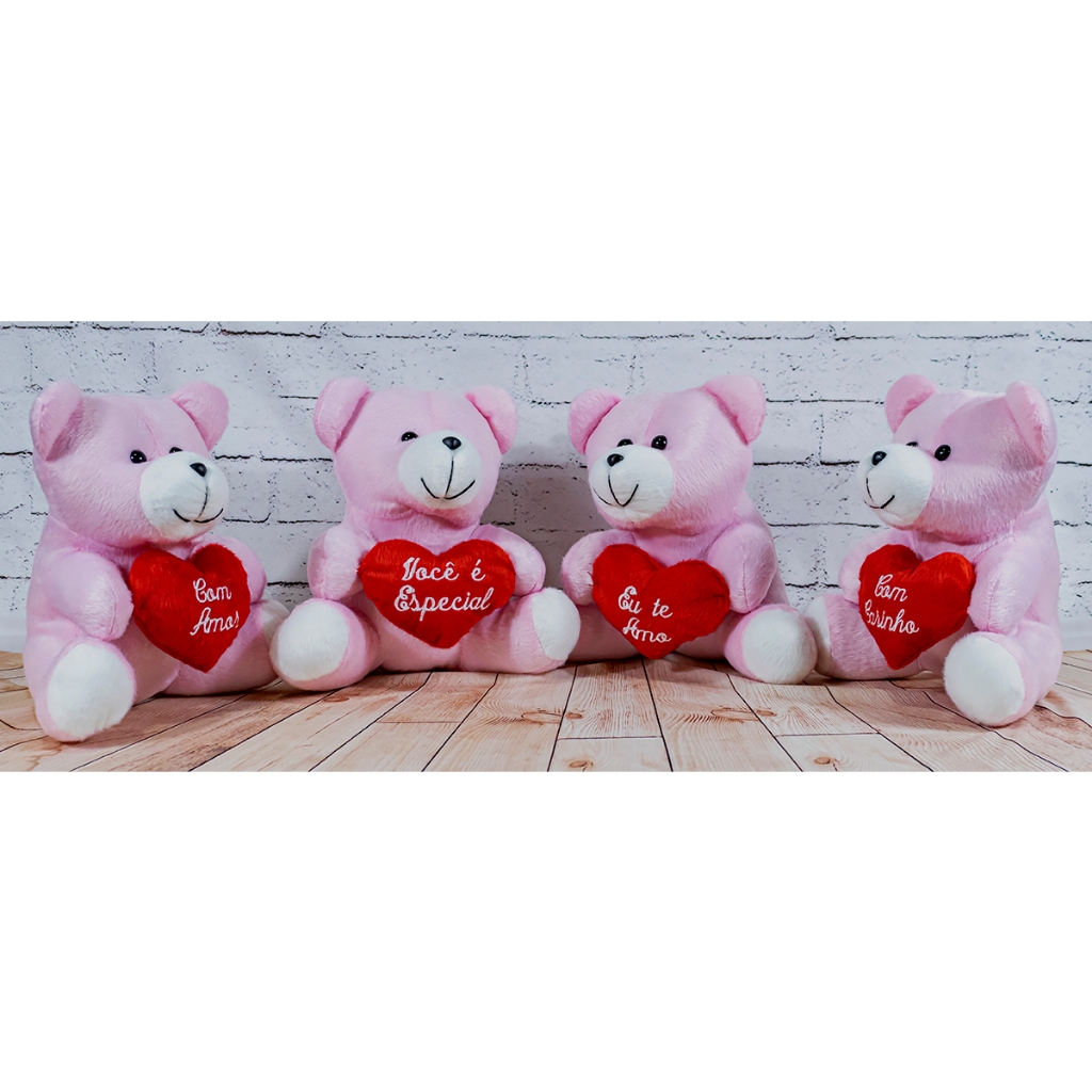 Urso de pelúcia 22 cm com coração - diversas cores e frases