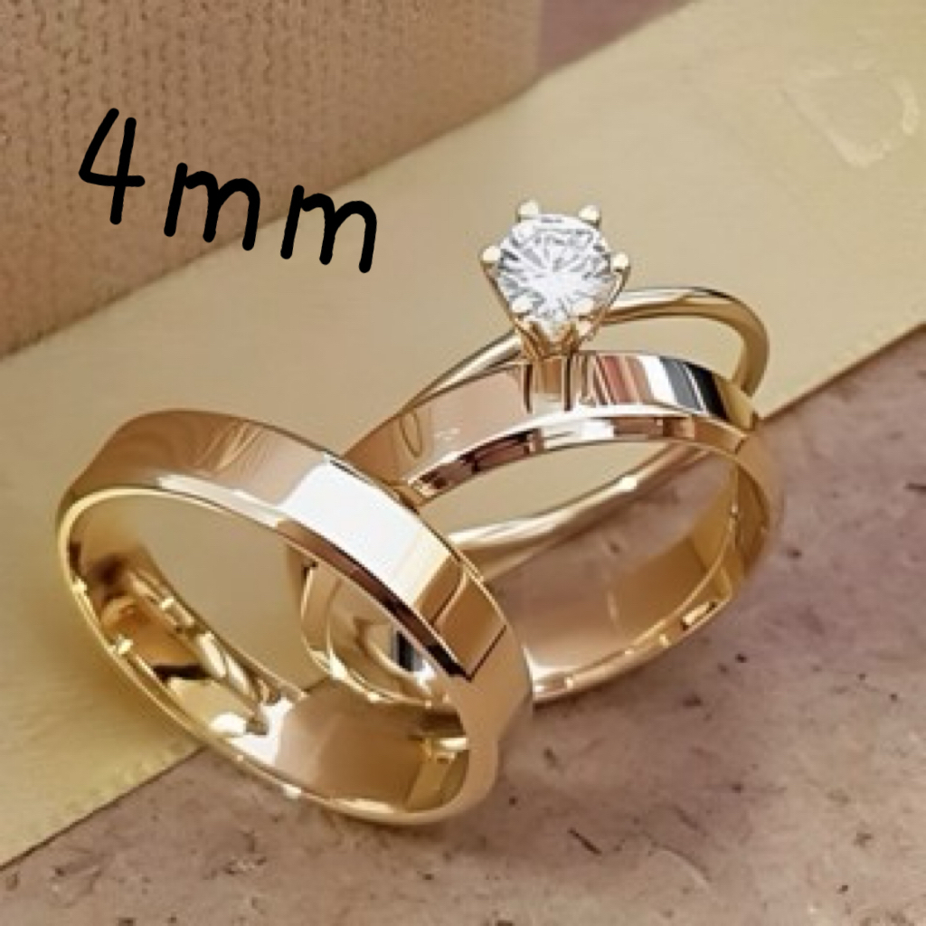 Par De Aliança+anel solitário Casamento Para Noivado Chanfrada Fina 4mm