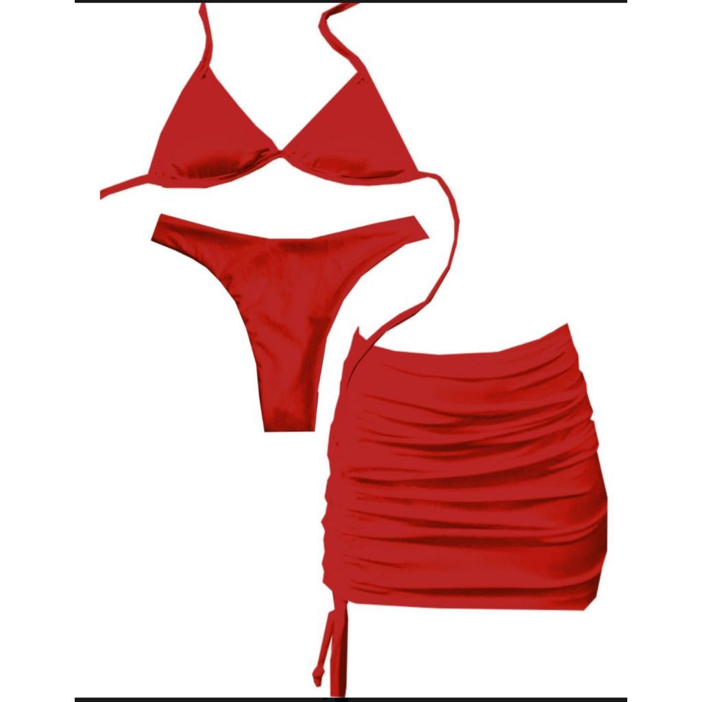 Kit 3 Peças Saída De Praia Saia Franzida Puxador Lateral Calcinha Asa E top fixo com bojo Azul Royal vermelho preto rosa amarelo e laranja neon saída de praia branca