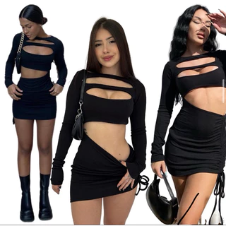 Vestido manga longa inverno canelado tubinho colado curto festa balada feminino drapeado franzido