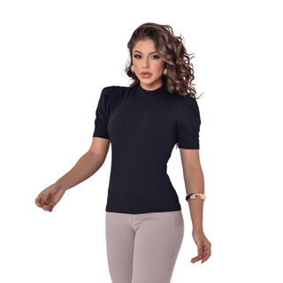 Camisa Feminina Roupas Elegante Blusa Gola Alta Bluasinha Manga Curta