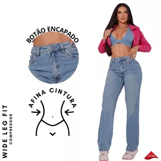 Calça Jeans Feminina Wide Leg Fit Reta Com Lycra Cintura Alta Modela Cintura