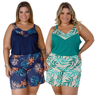 Kit 2 Conjunto Feminino Plus Size Verão Short Floral G G2 G3