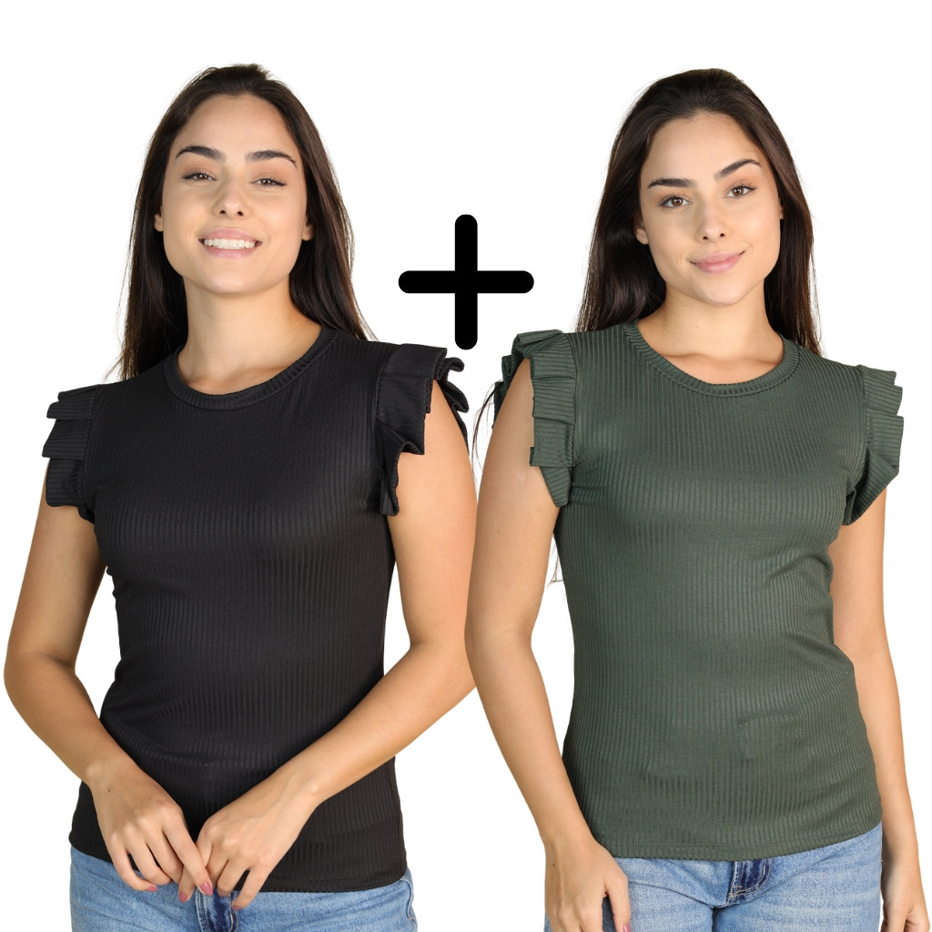 Kit 2 Blusinha Canelada Com Babadinho Nos Ombros Feminina Moda