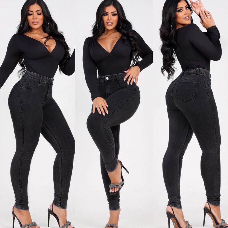 calça preta jeans skinny com lycra cintura alta modelagem levanta bumbum moda feminina
