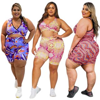 2 Conjuntos Plus Size Feminino Short e Cropped Roupa Academia Fitness