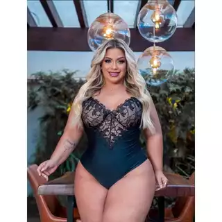 Body Bordado Feminino Plus Size Rendado Em V Com Bojo Sexy decotad elegante romântico casual moderno festa dia a dia