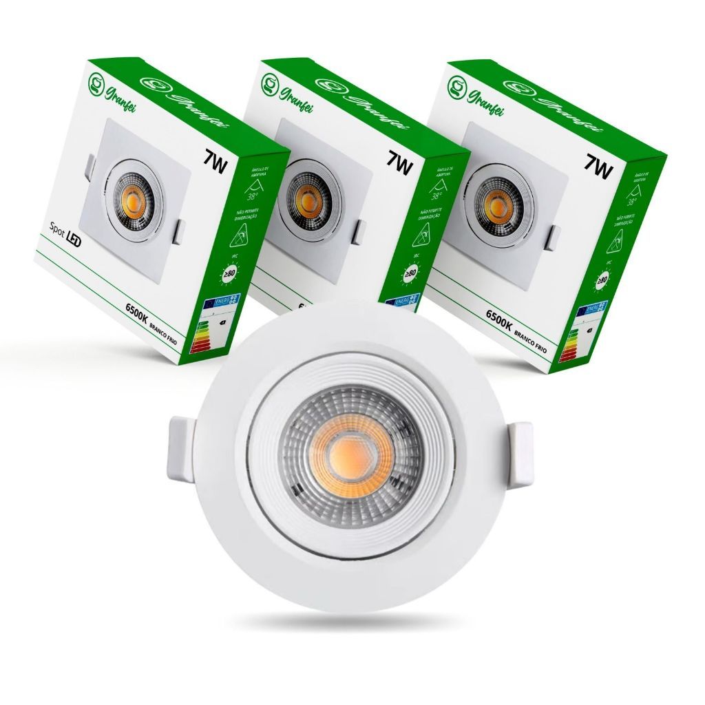 Kit 5 Luminária Led Spot 7W Redondo Quadrado Embutido Branco Frio Quente 3000k 6500k Bivolt