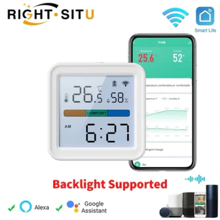 Sensor de Temperatura e Umidade + Pilhas, WiFi, Luz de Fundo, Higrômetro, Termômetro, Suporte Alexa, Google Home Assistant. Sensor com aplicativo compatível.