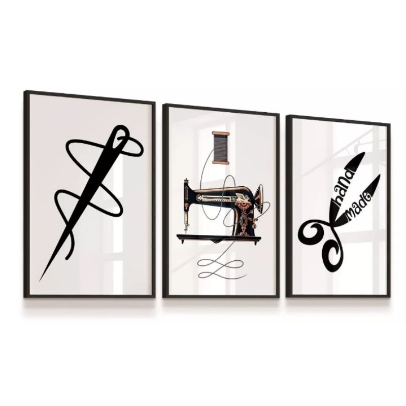 Quadro Decorativo 3 Peças 40x60 Costura Linha Tesoura Máquina De Costura Sala COSTUREIRA