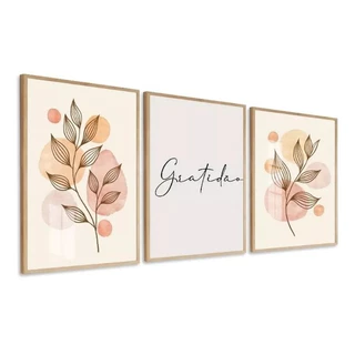 Quadro Decorativo 3 Peças Moderno Flores Neutras Gratidão Sala Quarto 120X60