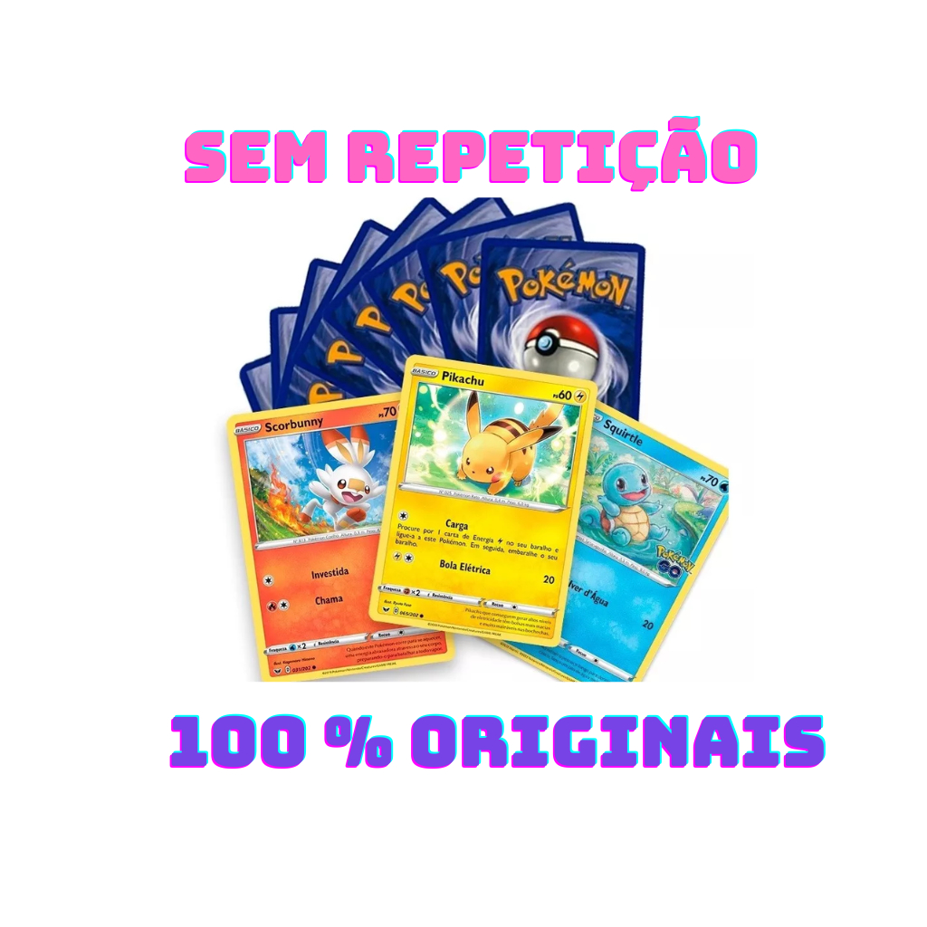 Cartas Pokémon Originais Lote de 100, 60 ou 25 - Sem cards repetidos - Brilhante Garantida