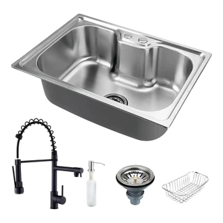 KIT Cuba para cozinha gourmet pia aço inox com acessórios 60 cm e preto Torneira gourmet