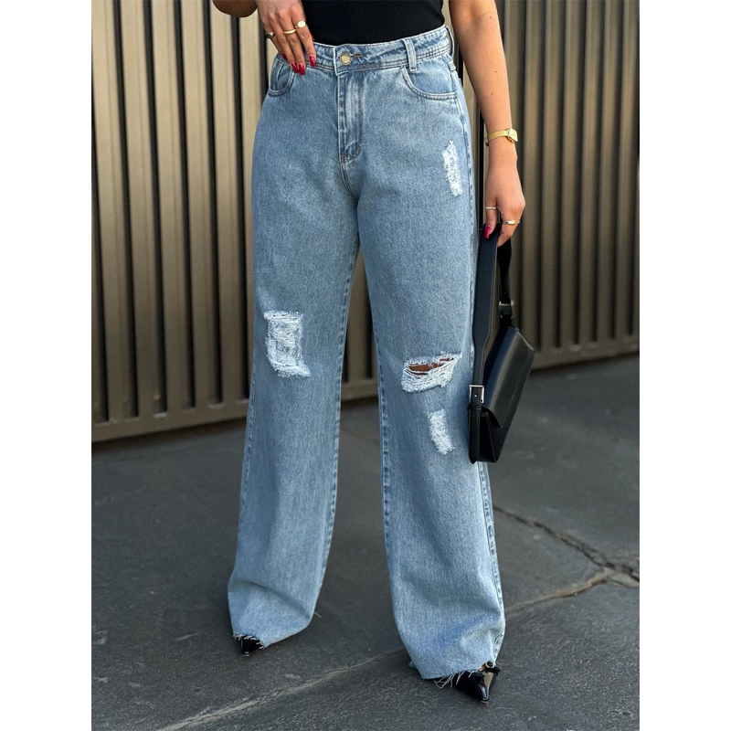 Calça Jeans wide leg Feminina Mom Calca com rasgo 8147