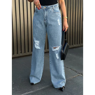 Calça Jeans wide leg Feminina Mom Calca com rasgo 8147