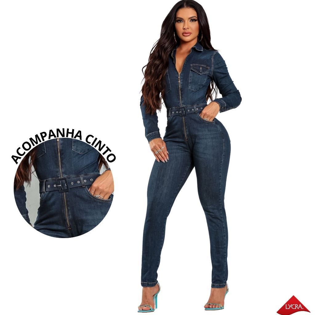 Macacâo Jeans Feminino Manga Longa Modelador Com Lycra Segunda Pele