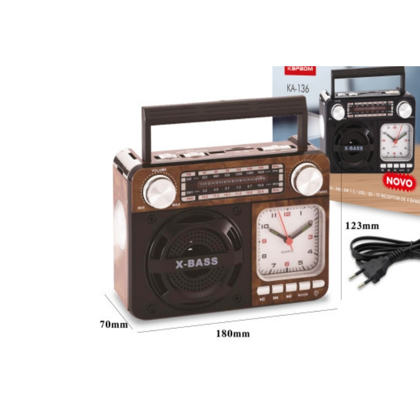 Rádio Relógio Portátil Retro Bluetooth Vintage Fm Am Sw Usb 110V/220V AD-136