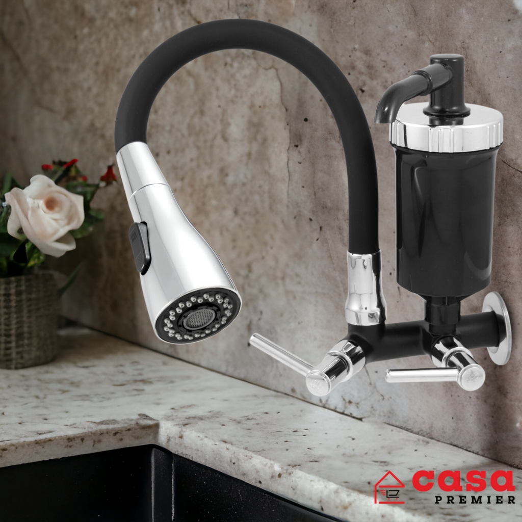 Torneira Cozinha Com Filtro Pia Gourmet Flexivel Dupla Função Luxo Preta Em Metal 1/4 De Volta