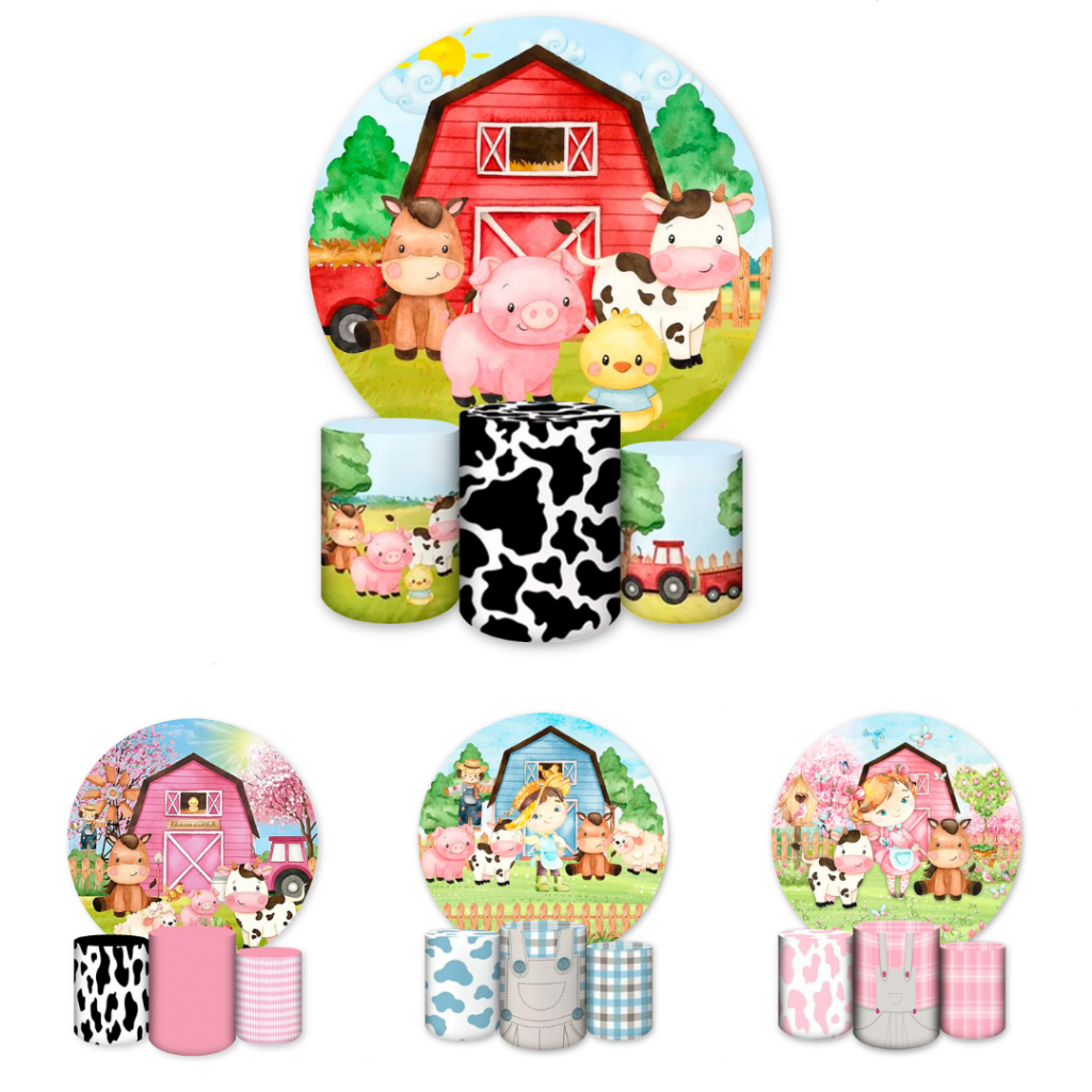 Capa Painel Redondo E Capas De Cilindro Sublimados Tema Fazendinha