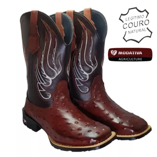 Bota Texana Country Cano Alto Couro Legítimo Pinhão Avestruz