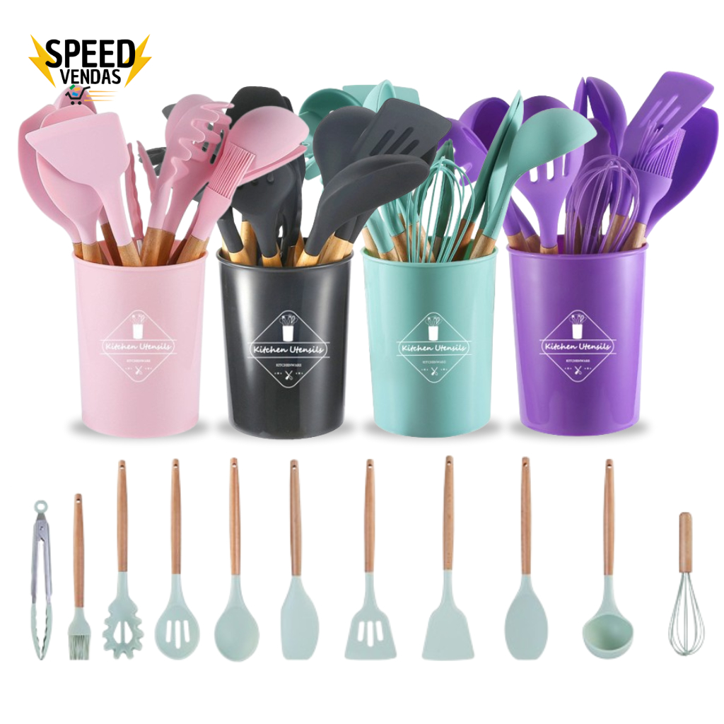 Jogo de Cozinha Kit C/12 Peças de Silicone, Utensílios e Copo Suporte para Cozinha Cabo de Madeira Envio Rápido