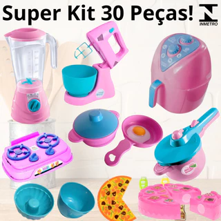 Kit 30 Peças Cozinha Infantil Completa Faz De Conta De Cozinha Air Fryer Liquidificador Batedeira Fogão Panelinhas