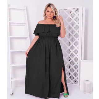 Vestido Feminino Plus Size Longo Gestante Moda Evangélica Ombro A Ombro Com Fenda Lateral Sem Manga