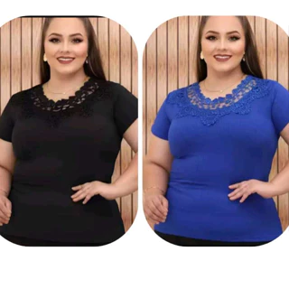 kit blusa plus size feminina tecido viscolycra detalhe de renda na gola.