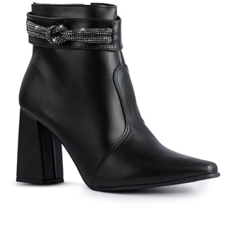 Bota Feminina Strass Lumiss Salto Alto Grosso Bico Fino Confortável Cano Curto